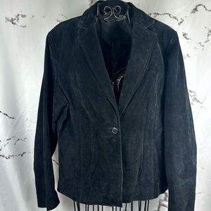 Relativity Suede Leather Jacket Single Button Lined Tailored Cut Soft Black Sz L
